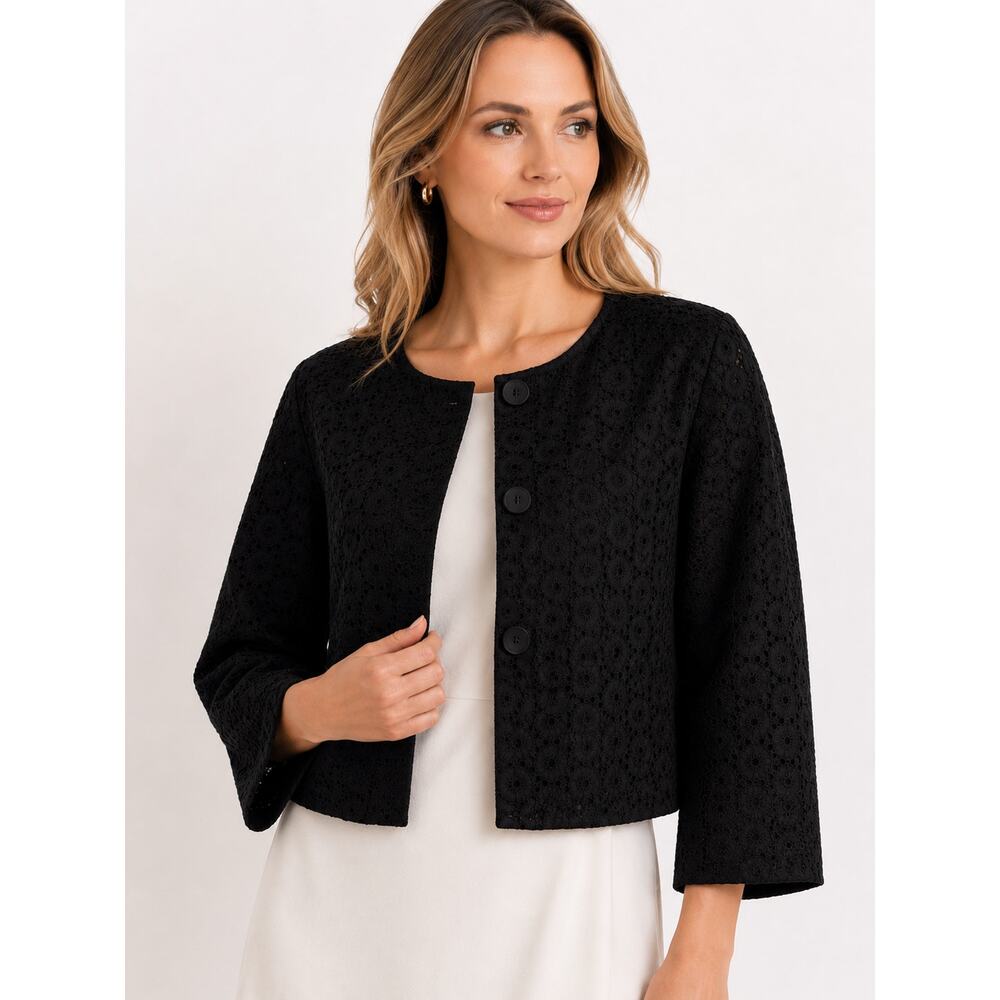 Ann Taylor Women's L Black Eyelet Embroidered Cropped Jacket Button Front Boxy